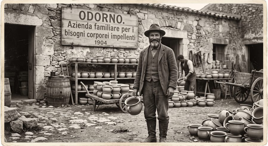 Mario José Odorno, fondatore di Odorno, davanti alla bottega di famiglia, 1904